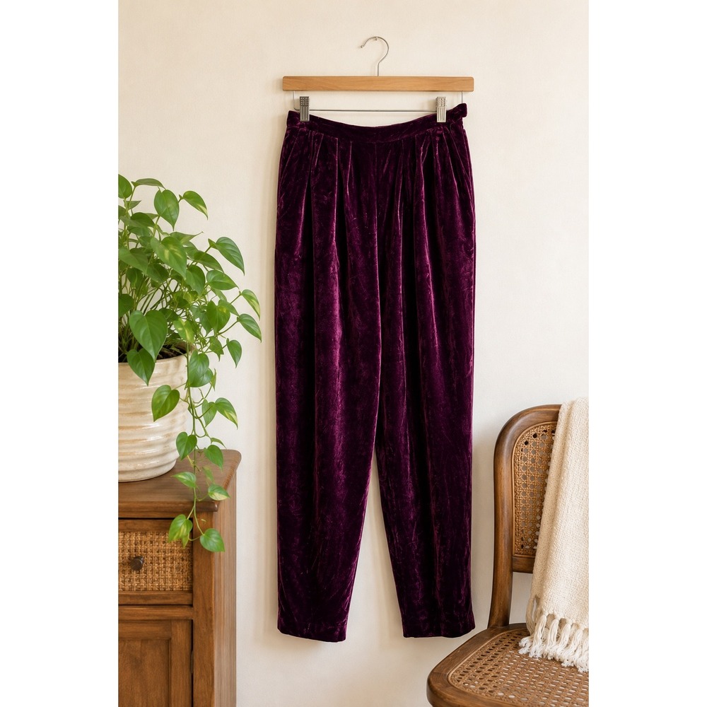 Vintage Liz Claiborne Velvet High Rise Pleated Pants Deep Plum Silk Blend Sz 12